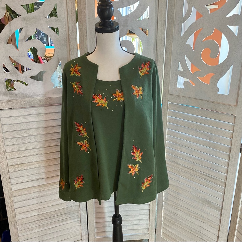 Quacker Factory Autumn Leaves  One Piece tank and Open Cardigan